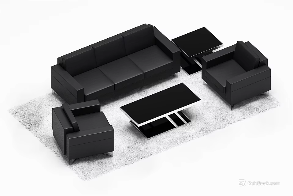 Modern Black Leather Sofa And Coffee Table Set With Armchairs Side Table 3d model