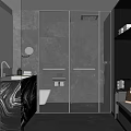 Modern Bathroom Interior Design With Glass Shower Toilet And Black Gray Marble Vanity Shelves