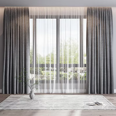 Stylish Gray Curtains With White Sheer Panels For Large Window Green View 3d model