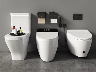 Three Modern Toilets With Smart Features Various Designs And Bathroom Accessories 3d model