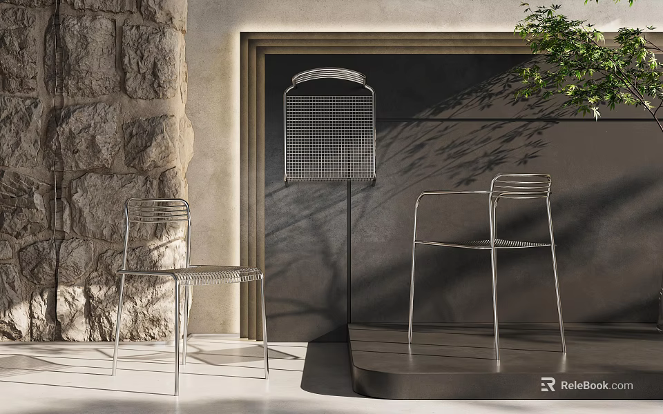 Sleek Metal Frame Leisure Chairs By Stone Wall With Plant And Shadows 3d model 