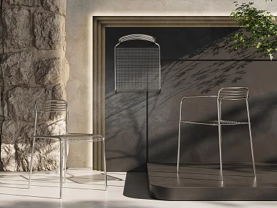 Sleek Metal Frame Leisure Chairs By Stone Wall With Plant And Shadows 3d model