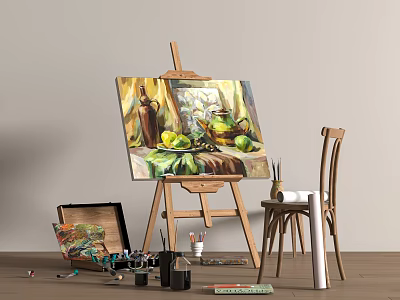 Art Supplies Setup With Easel Canvas Painting Paintbrushes Palette And Paints 3d model