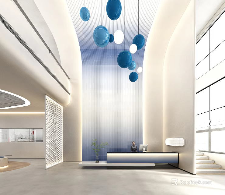 Modern Reception Area Interior Design With Suspended Spherical Decor And Feature Wall Lighting 3d model 
