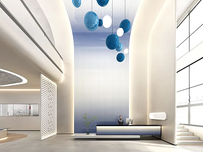 Modern Reception Area Interior Design With Suspended Spherical Decor And Feature Wall Lighting 3d model