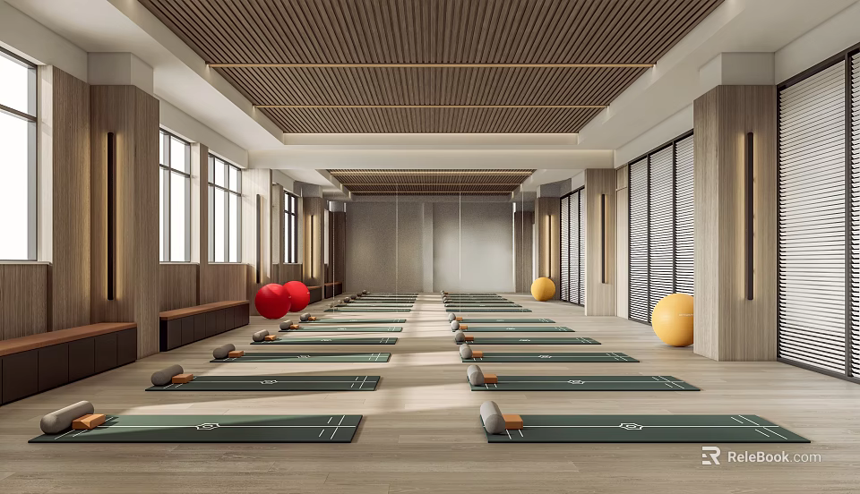 Yoga Studio Interior With Mats Exercise Balls And Wooden Details 3d model 