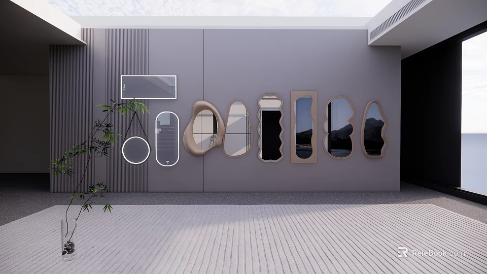 Various Shaped Mirrors Arranged on Gray Wall with Potted Plant and Wooden Floor 3d model 