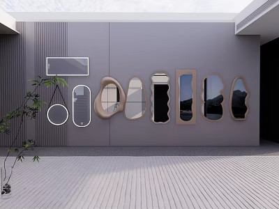 Various Shaped Mirrors Arranged on Gray Wall with Potted Plant and Wooden Floor 3d model