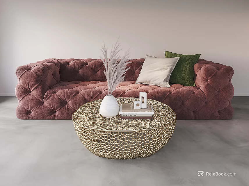 Burgundy Tufted Multi Person Sofa With White Green Cushions And Woven Round Coffee Table 3d model 