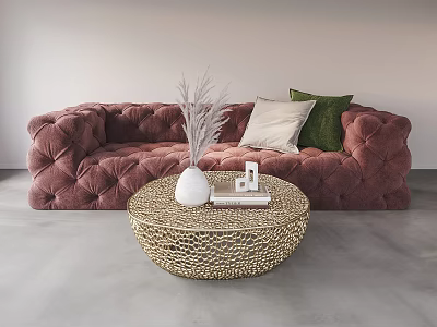 Burgundy Tufted Multi Person Sofa With White Green Cushions And Woven Round Coffee Table 3d model