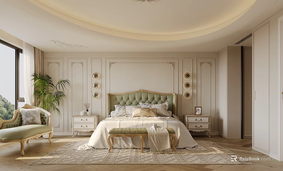 Elegant Bedroom Interior Design With Upholstered Headboard Paneled Walls Nightstands Area Rug And Ceiling Lighting 3d model 
