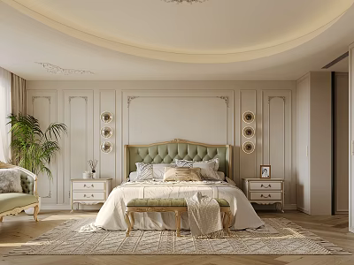 Elegant Bedroom Interior Design With Upholstered Headboard Paneled Walls Nightstands Area Rug And Ceiling Lighting 3d model