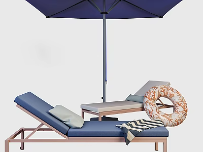 Outdoor Blue Lounge Chair With Metal Frame Blue Umbrella Striped Towel And Float Ring 3d model