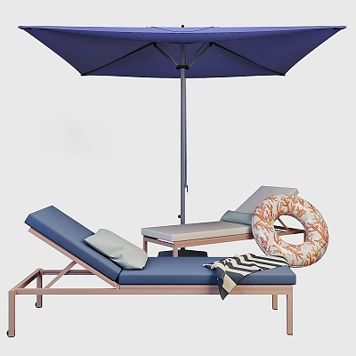 Outdoor Blue Lounge Chair With Metal Frame Blue Umbrella Striped Towel And Float Ring 3d model