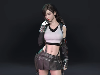 Woman With Dark Hair Wearing White Tank Top Black Crop Top Leather Skirt Arm Guards 3d model