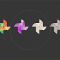 Multiple Colorful Pinwheels Decorated Display Shelf On Black Background With Reflections