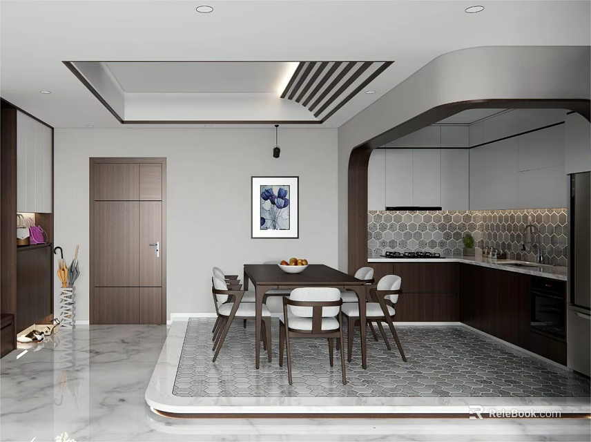 Modern Dining and Living Area Interior With Dining Table Chairs Kitchen Cabinets And Ceiling Design 3d model