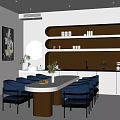 Modern Beauty Salon Interior with Long Table Blue Chairs Decorative Paintings and Product Shelves