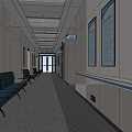 Hospital Corridor Interior With Seating Wall Signs And Smooth Floor 3d model