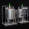 Stainless Steel Industrial Storage Tanks with Metal Frames and Pipe Systems