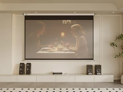 Cozy Living Room Home Theater Setup With Projector Screen Speakers And Green Plant 3d model