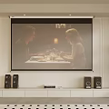 Cozy Living Room Home Theater Setup With Projector Screen Speakers And Green Plant