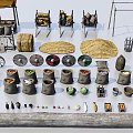Various Public Facilities Including Market Stalls Wooden Seats Storage Racks And Baskets