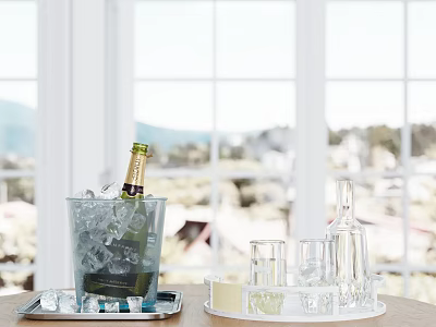 Ice Bucket With Champagne Ice Cubes Glasses And Transparent Bottle On Table By Window 3d model
