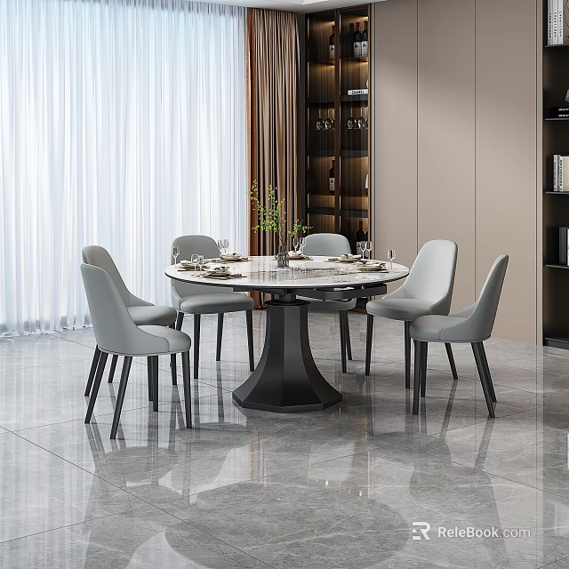 Modern Round Dining Table Set With Six Light Gray Chairs And Black Legs 3d model