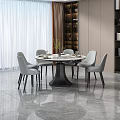 Modern Round Dining Table Set With Six Light Gray Chairs And Black Legs 3d model