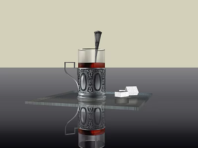 Silver Decorated Glass Mug With Black Spoon and Sugar Cubes on Glass Tray With Reflection 3d model