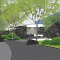 Serene Garden Landscape With Winding Brick Pathway Lush Green Trees And Large Rocks