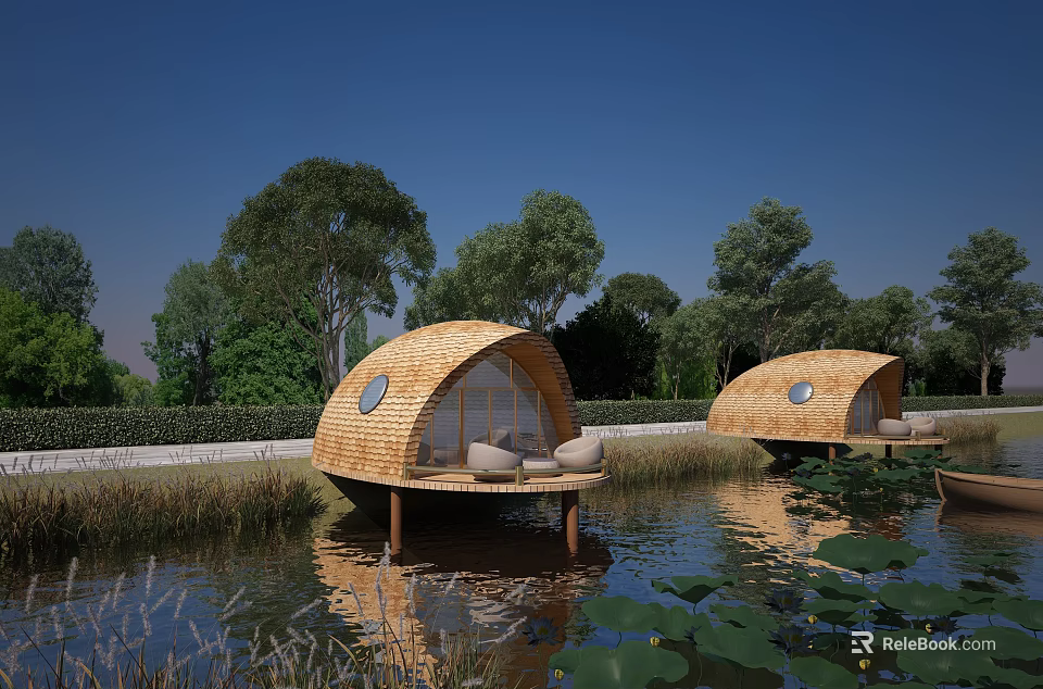 Round Floating Boutique Hotel With Thatched Roof Surrounded by Trees and Lotus 3d model 