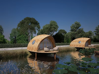 Round Floating Boutique Hotel With Thatched Roof Surrounded by Trees and Lotus 3d model