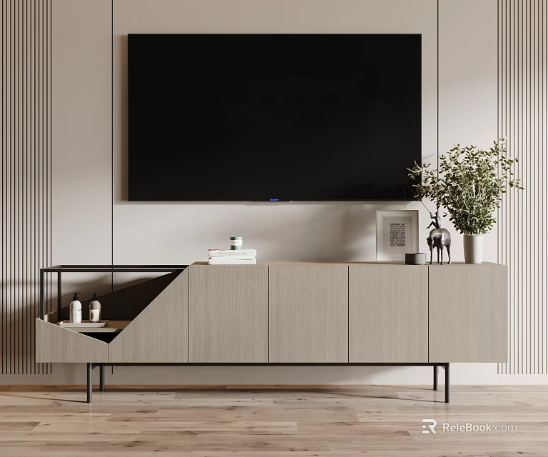 Sleek Modern TV Stand with Black Wall TV Books Photo Frame and Potted Plant 3d model 