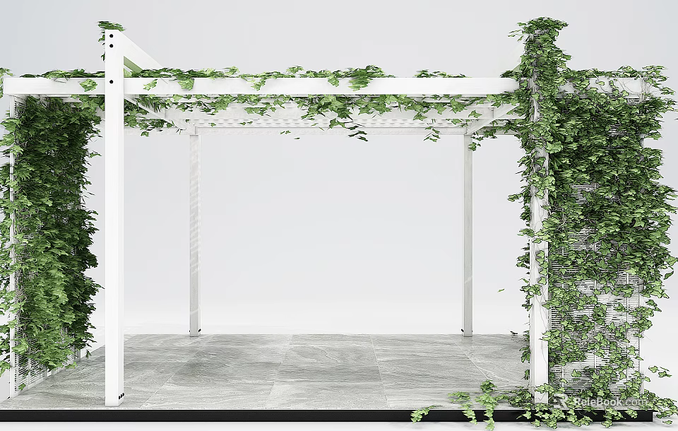 White Pergola Structure Covered With Green Vines And Gray Tiled Floor 3d model 