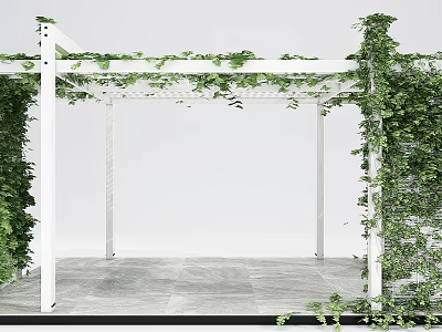 White Pergola Structure Covered With Green Vines And Gray Tiled Floor 3d model