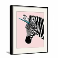 Zebra Head Animal Painting With Blue Unicorn Horn On Pink Background