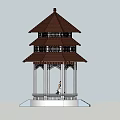 Traditional Chinese Pavilion With Three Tiered Brown Roof Black Pillars Platform Base And Person Inside