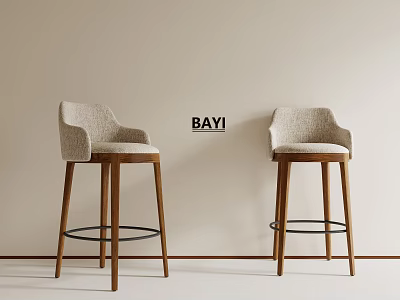 Pair of Modern Bar Stools With Light Fabric Seats And Wooden Legs 3d model
