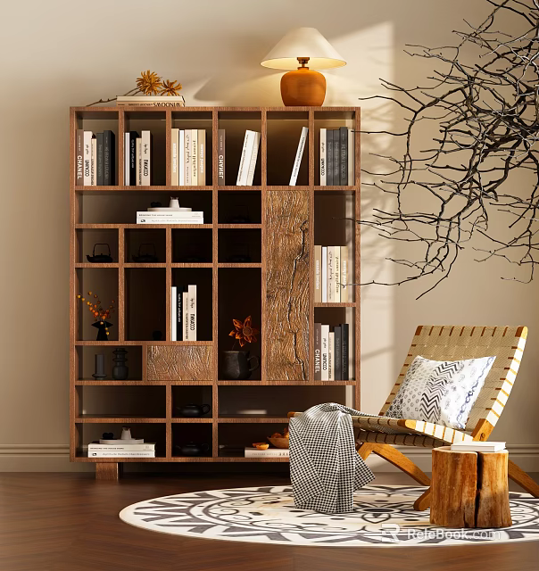 Cozy Natural Wooden Bookshelf With Multiple Shelves Books Decorative Items Armchair And Twig Decoration 3d model 