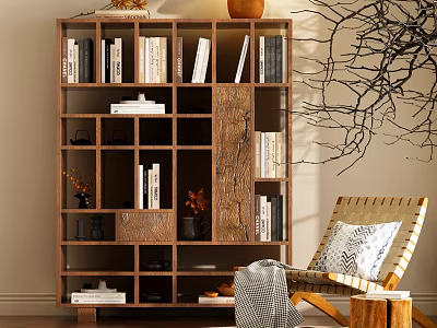 Cozy Natural Wooden Bookshelf With Multiple Shelves Books Decorative Items Armchair And Twig Decoration 3d model