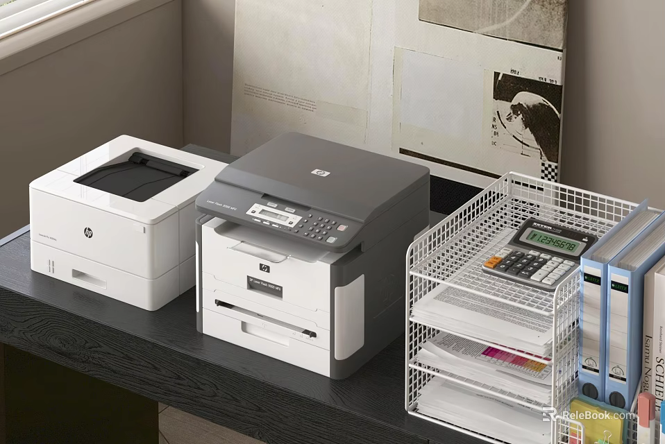 Essential Office Appliances Setup With Printers Calculator And Wire File Organizers 3d model