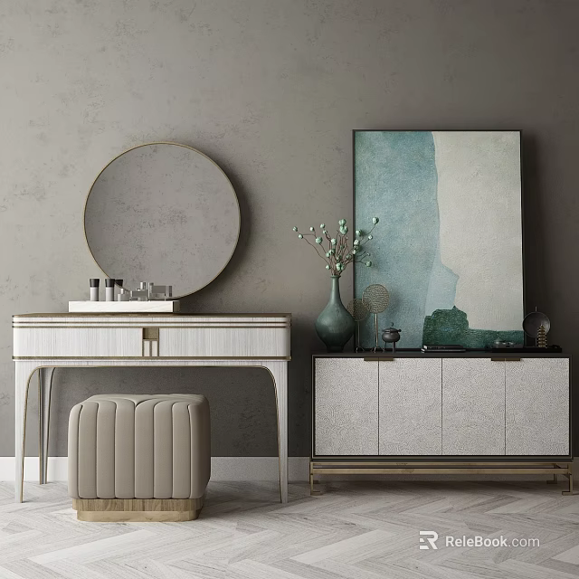 Elegant Modern Dressing Table With Round Mirror Vase Plants Artwork And Stool 3d model