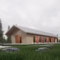 Modern Guesthouse Building With Metal Roof Large Windows And Surrounding Trees Grassland