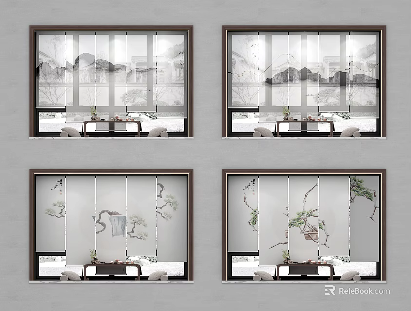 Chinese Style Curtains With Landscape And Plant Patterns For Window Interior Decor 3d model