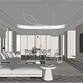 Modern Living Dining Room With Large Windows City View Beige Sofa And Ceiling Light Strips