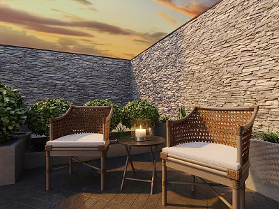 Cozy Outdoor Table With Rattan Chairs Candle And Bushes Against Stone Wall At Sunset 3d model