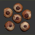 Six Fresh Donuts With Red Jam Topping And Powdered Sugar On Gray Background