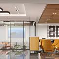 Modern Reception Desk Area with Marble Walls Glass Doors Blue Lighting and Open Office Interior